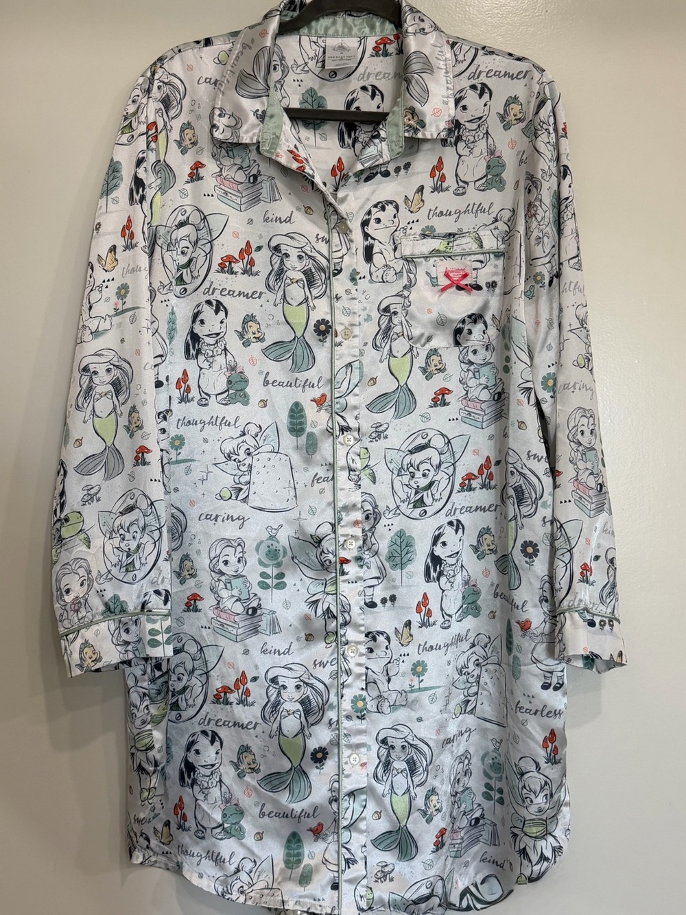 Disney White Button-Front Character Print Shirt with Green and Red Accents